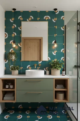 Modern bathroom with green patterned tiles, sage green vanity, and white countertop in Bengaluru | Material Depot