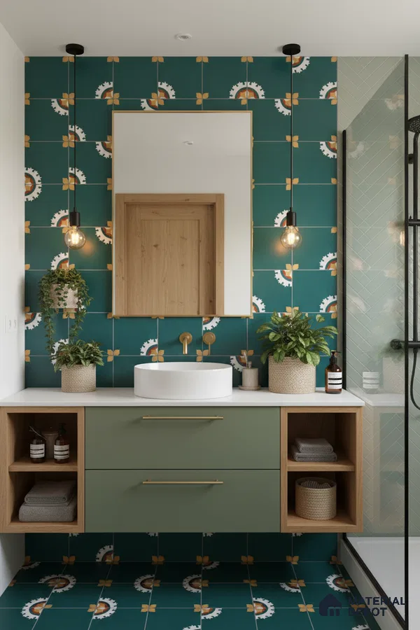 Modern bathroom with green patterned tiles, sage green vanity, and white countertop in Bengaluru | Material Depot