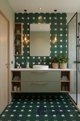 Modern bathroom with green patterned wall and floor tiles, sage green vanity, and white countertop in Bengaluru | Material Depot