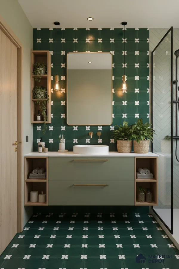 Modern bathroom with green patterned wall and floor tiles, sage green vanity, and white countertop in Bengaluru | Material Depot