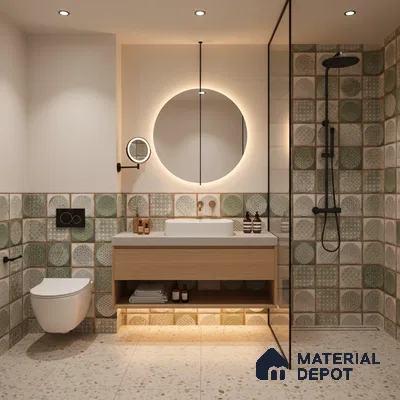 Modern bathroom with green patterned wall tiles, terrazzo floor tiles, and floating wood vanity | Material Depot