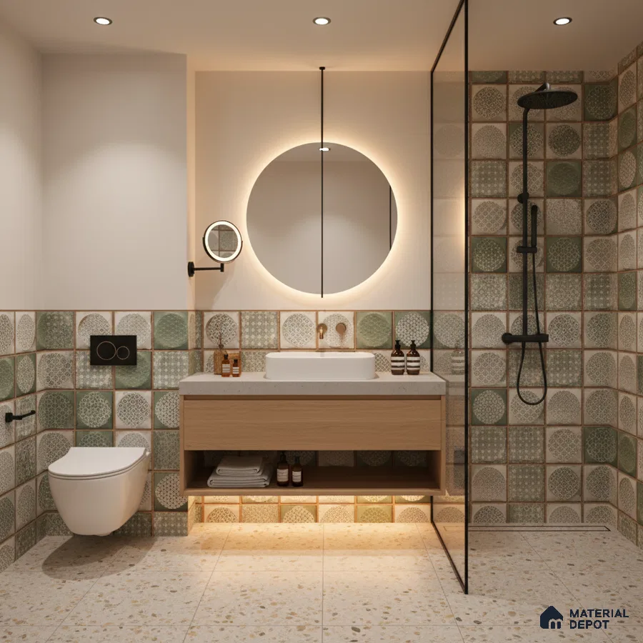 Modern bathroom with green patterned wall tiles, terrazzo floor tiles, and floating wood vanity | Material Depot