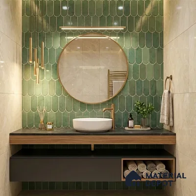 Modern bathroom with green scallop wall tiles and black stone countertop vanity