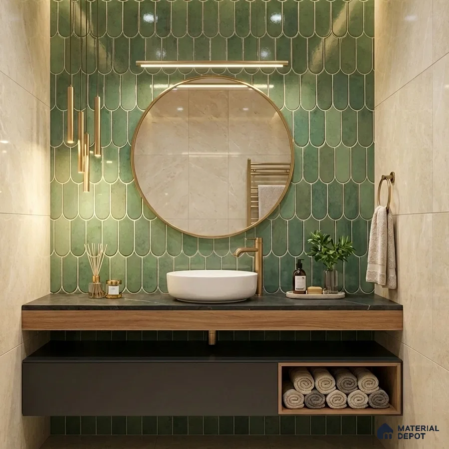 Modern bathroom with green scallop wall tiles and black stone countertop vanity