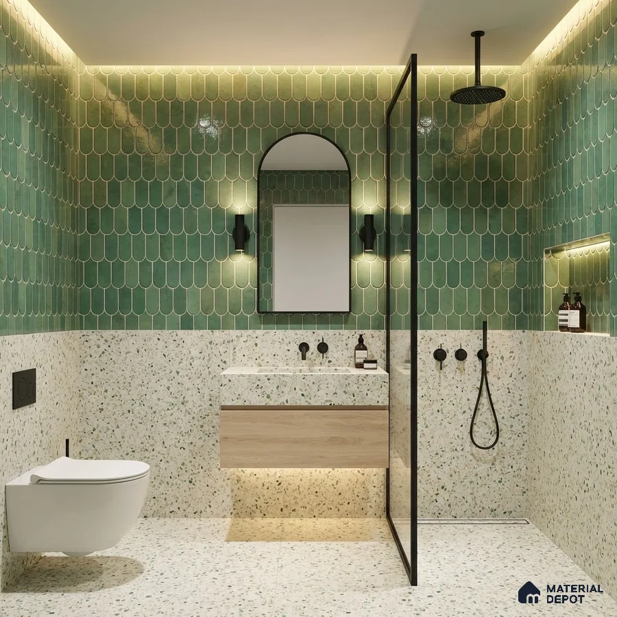 Modern bathroom with green scallop wall tiles and terrazzo floor and wall tiles