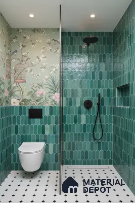Modern bathroom with green scallop wall tiles, chinoiserie floral wallpaper, and black-and-white geometric floor tiles | Material Depot
