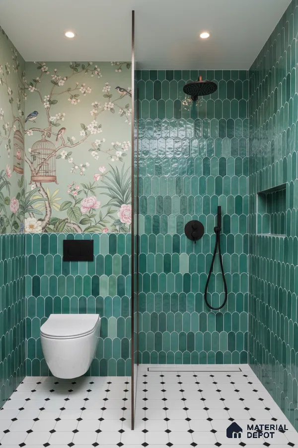 Modern bathroom with green scallop wall tiles, chinoiserie floral wallpaper, and black-and-white geometric floor tiles | Material Depot