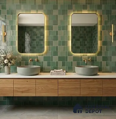 Modern bathroom with green square wall tiles, floating wood vanity, and matte stone basins