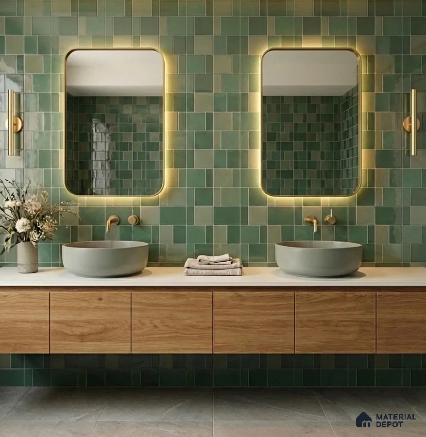 Modern bathroom with green square wall tiles, floating wood vanity, and matte stone basins