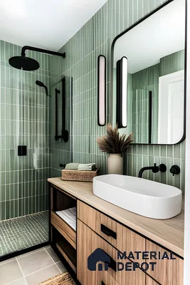 Modern Bathroom with Green Subway Tiles and Black Accents | Material Depot