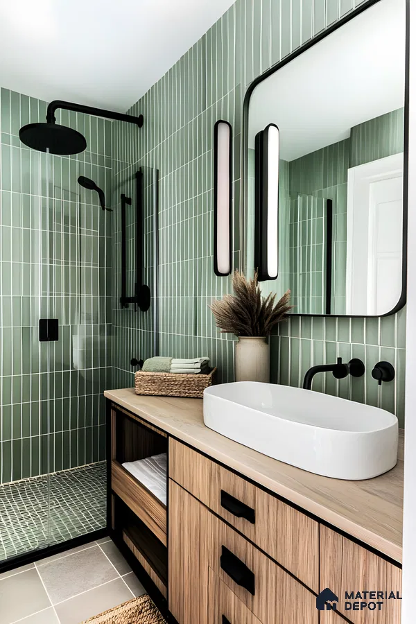 Modern Bathroom with Green Subway Tiles and Black Accents | Material Depot