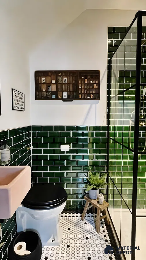 Modern Bathroom with Green Subway Tiles and Black and White Floor Tiles | Material Depot