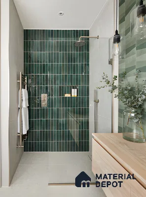 Modern Bathroom with Green Subway Tiles and Natural Elements | Material Depot