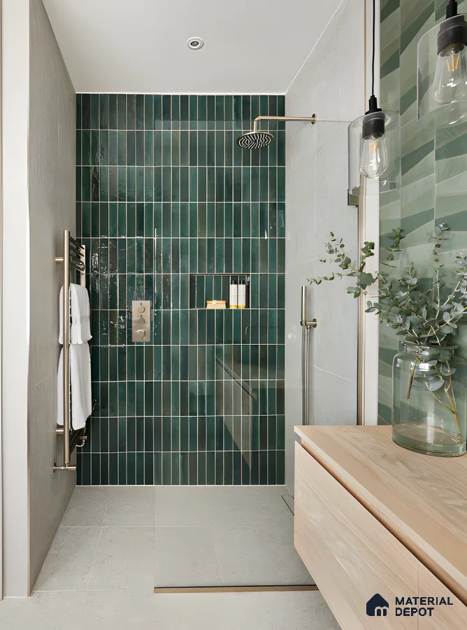 Modern Bathroom with Green Subway Tiles and Natural Elements | Material Depot