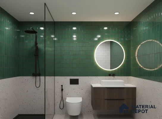 Modern Bathroom with Green Subway Tiles and Terrazzo Finish in 3BHK Apartment, Brigade Metropolis Mahadevpura Whitefield | Material Depot