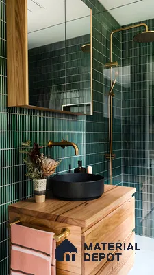 Modern Bathroom with Green Subway Tiles and Wooden Vanity | Material Depot