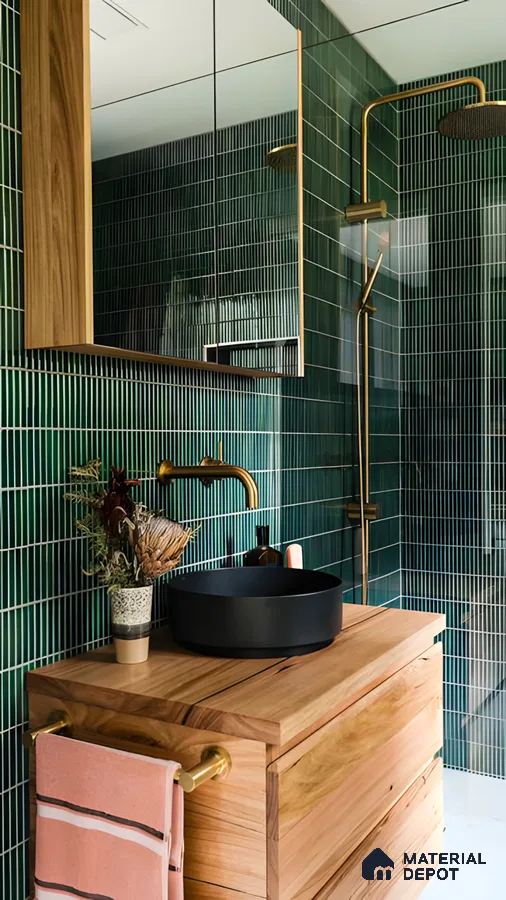 Modern Bathroom with Green Subway Tiles and Wooden Vanity | Material Depot