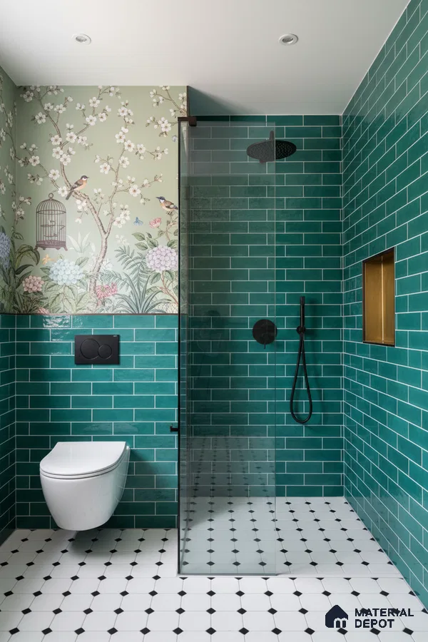 Modern bathroom with green subway wall tiles, floral wallpaper, and black-and-white geometric floor tiles | Material Depot