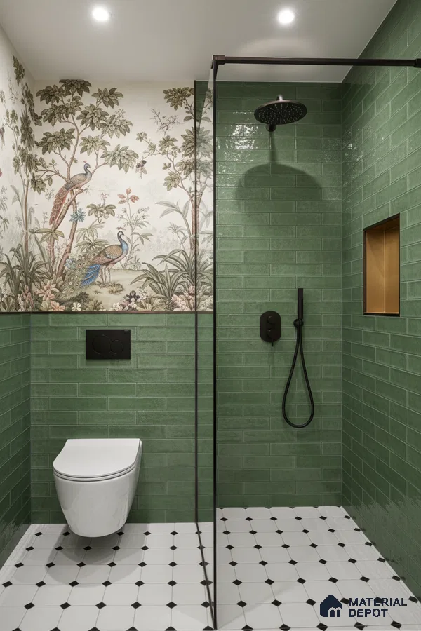 Modern bathroom with green subway wall tiles, nature-themed wallpaper, and black-and-white geometric floor tiles | Material Depot