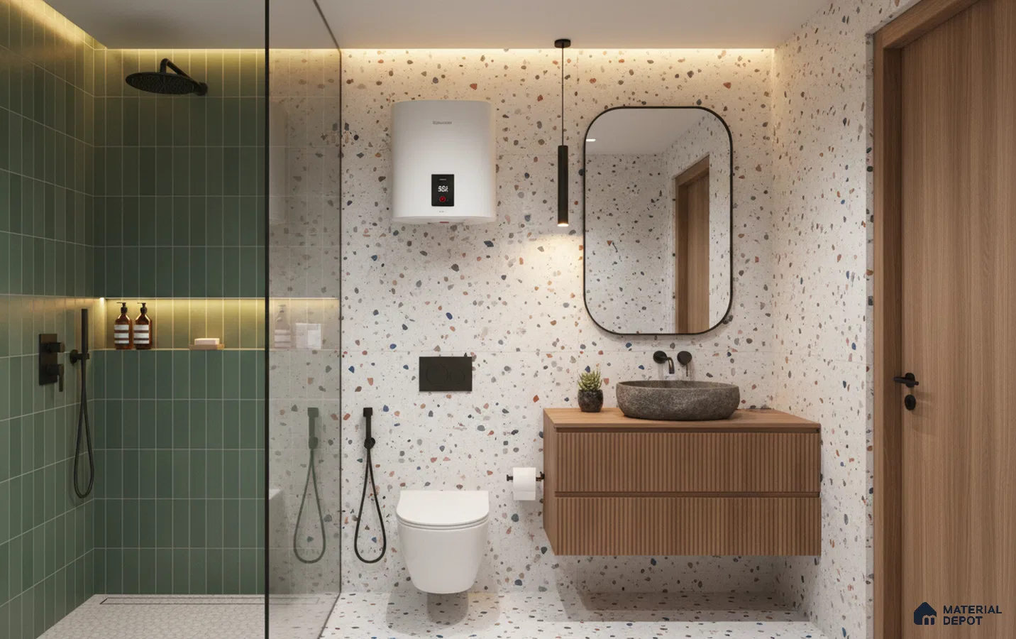 Modern bathroom design with green subway wall tiles, terrazzo wall and floor tiles, and fluted wood vanity in Bengaluru | Material Depot
