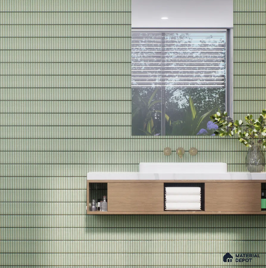 Modern Bathroom with Green Textured Tiles and Floating Vanity | Material Depot