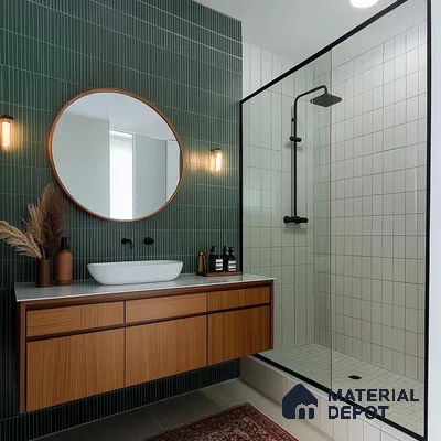 Modern Bathroom with Green Tile Accent Wall and Wood Vanity | Material Depot