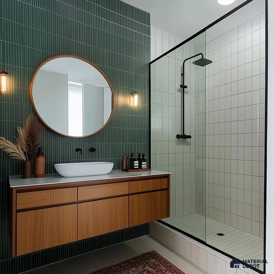 Modern Bathroom with Green Tile Accent Wall and Wood Vanity | Material Depot