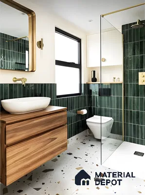 Modern Bathroom with Green Tiles and Terrazzo Flooring | Material Depot