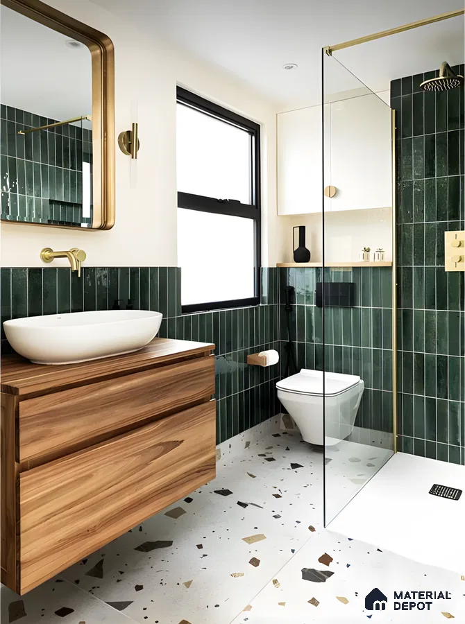 Modern Bathroom with Green Tiles and Terrazzo Flooring | Material Depot