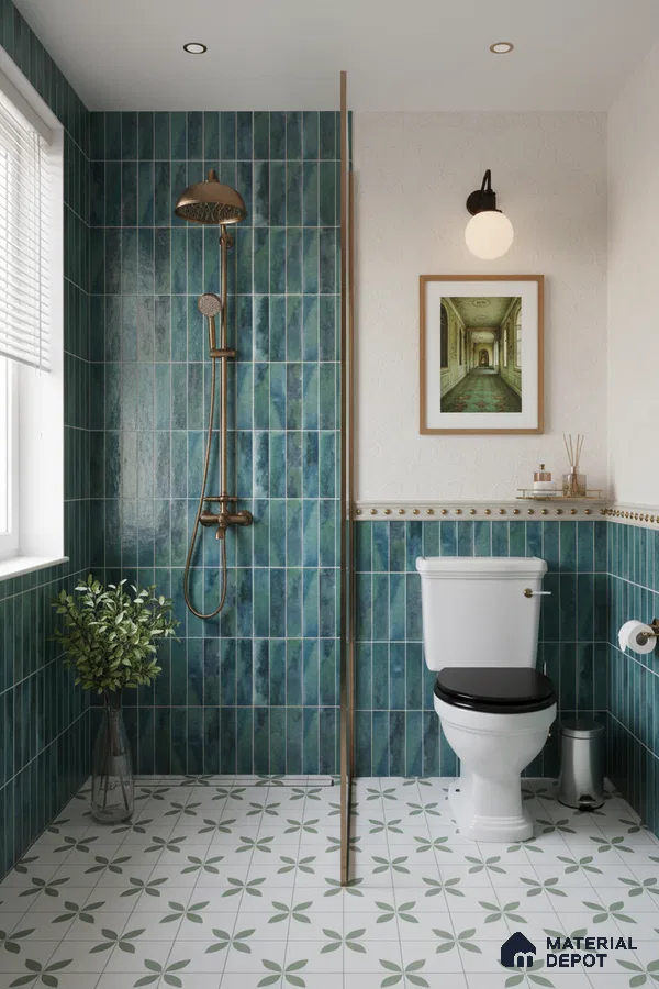 Modern bathroom with green vertical subway wall tiles and floral patterned floor tiles | Material Depot
