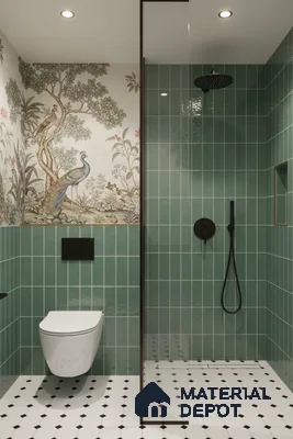 Modern bathroom with green vertical subway wall tiles, chinoiserie wallpaper, and black-and-white geometric floor tiles | Material Depot