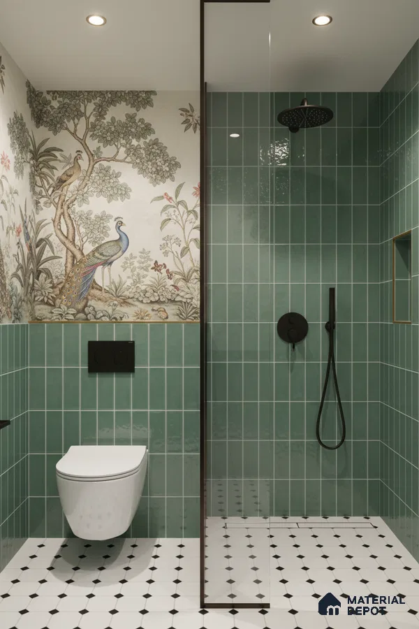 Modern bathroom with green vertical subway wall tiles, chinoiserie wallpaper, and black-and-white geometric floor tiles | Material Depot