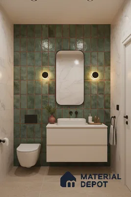 Modern bathroom with green vertical subway wall tiles, marble-look wall tiles, and beige floor tiles | Material Depot