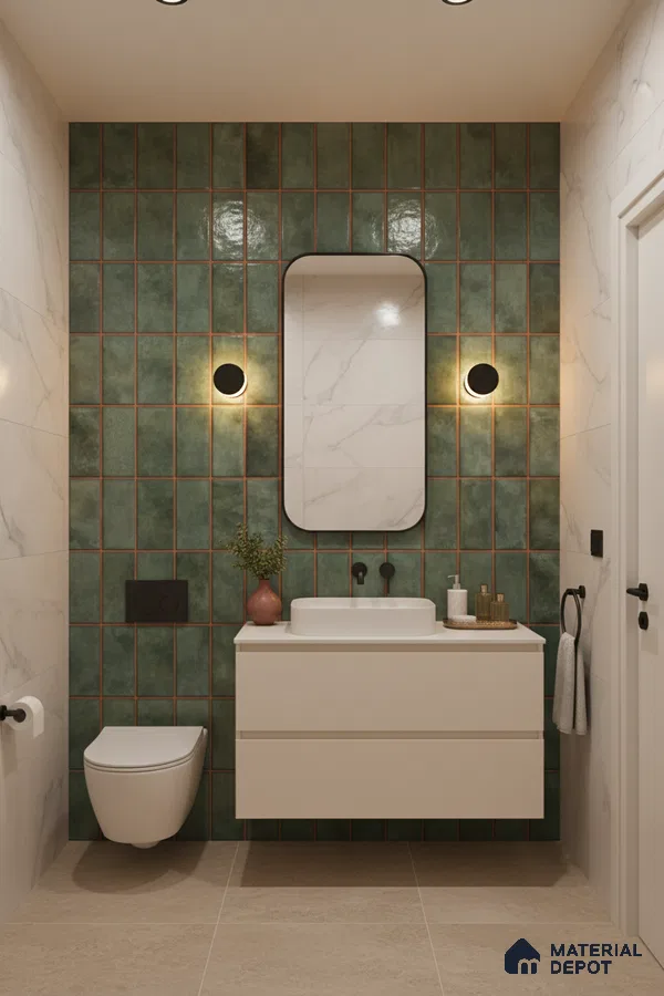 Modern bathroom with green vertical subway wall tiles, marble-look wall tiles, and beige floor tiles | Material Depot