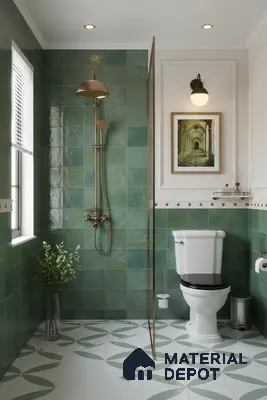 Modern bathroom with green wall tiles and geometric patterned floor tiles | Material Depot