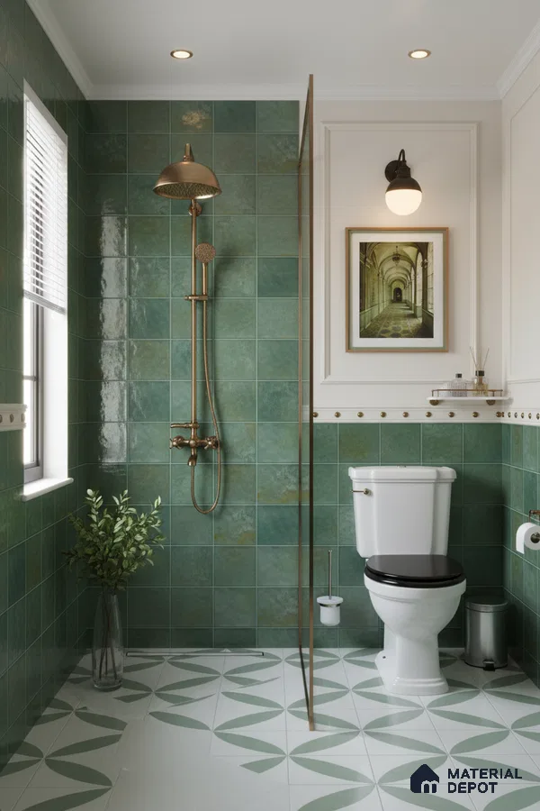 Modern bathroom with green wall tiles and geometric patterned floor tiles | Material Depot