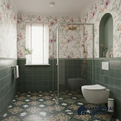 Modern bathroom with green wall tiles, floral wallpaper, and patterned green floor tiles in Bengaluru | Material Depot