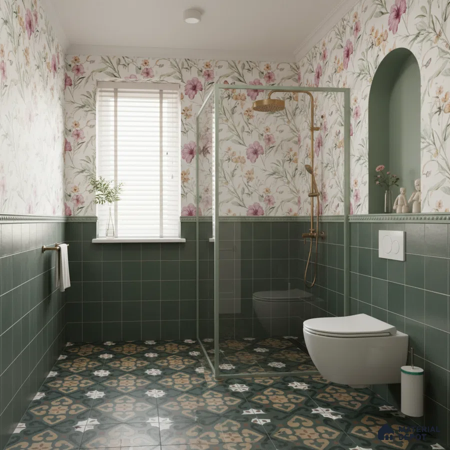 Modern bathroom with green wall tiles, floral wallpaper, and patterned green floor tiles in Bengaluru | Material Depot