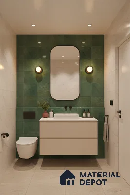 Modern bathroom with green wall tiles, marble-look wall tiles, and beige floor tiles | Material Depot
