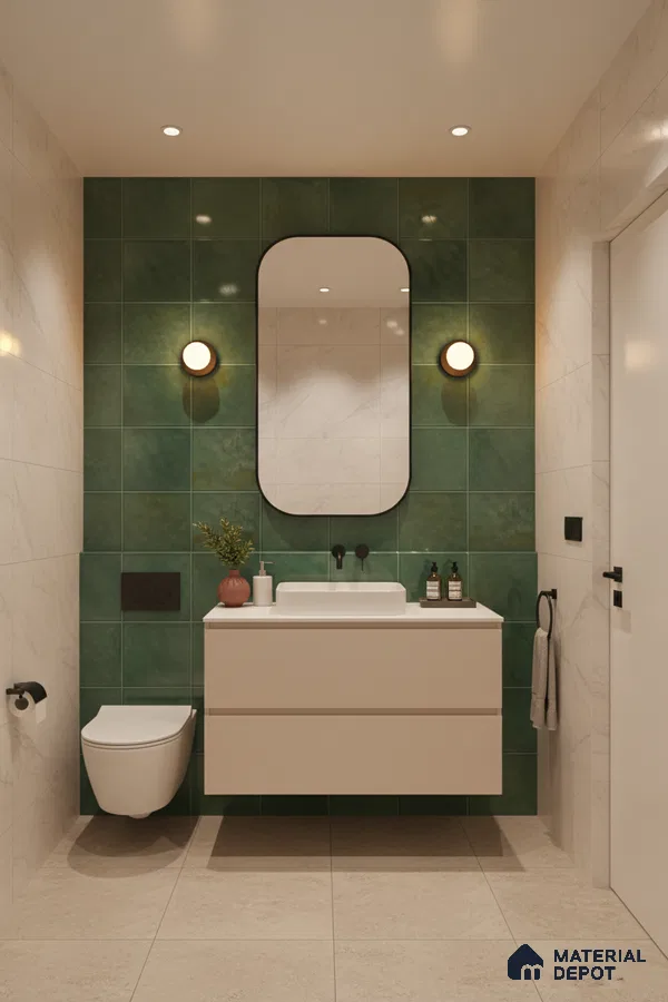 Modern bathroom with green wall tiles, marble-look wall tiles, and beige floor tiles | Material Depot
