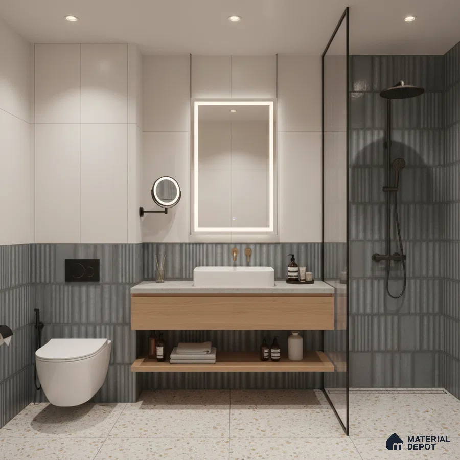 Modern bathroom with grey fluted wall tiles, terrazzo floor tiles, and light wood floating vanity | Material Depot