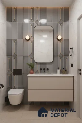 Modern bathroom with grey geometric wall tiles, marble-look wall tiles, and beige floating vanity | Material Depot