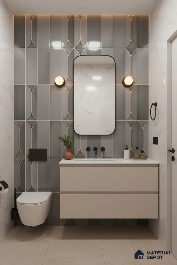 Modern bathroom with grey geometric wall tiles, marble-look wall tiles, and beige floating vanity | Material Depot