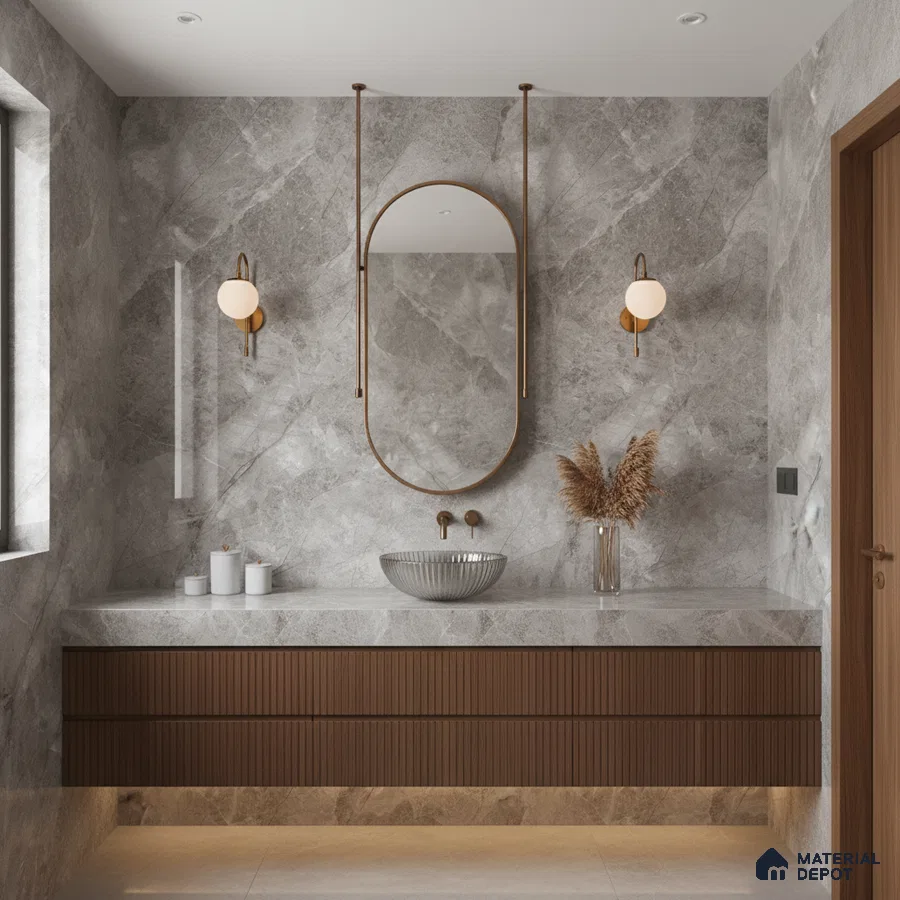 Modern bathroom with grey marble tiles and fluted walnut vanity | Material Depot
