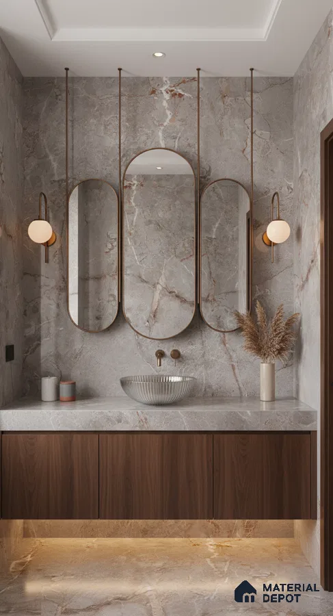 Modern bathroom with grey marble tiles, walnut wood vanity, and bronze accents | Material Depot