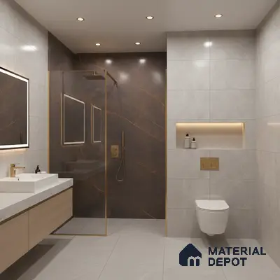 Modern bathroom with grey marble wall tiles, dark brown marble highlighter shower wall, and floating wood vanity | Material Depot