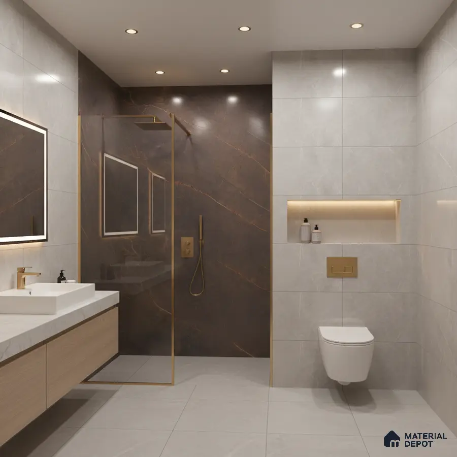Modern bathroom with grey marble wall tiles, dark brown marble highlighter shower wall, and floating wood vanity | Material Depot