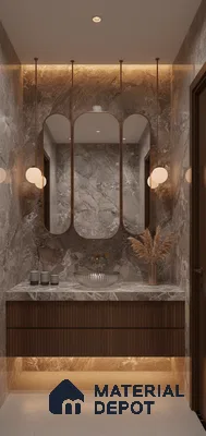 Modern bathroom with grey marble wall tiles, fluted wood vanity, and backlit mirror | Material Depot