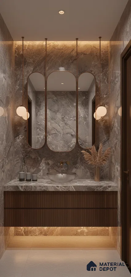 Modern bathroom with grey marble wall tiles, fluted wood vanity, and backlit mirror | Material Depot