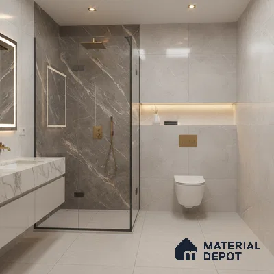 Modern bathroom with grey marble wall tiles, white marble vanity, and gold fixtures | Material Depot